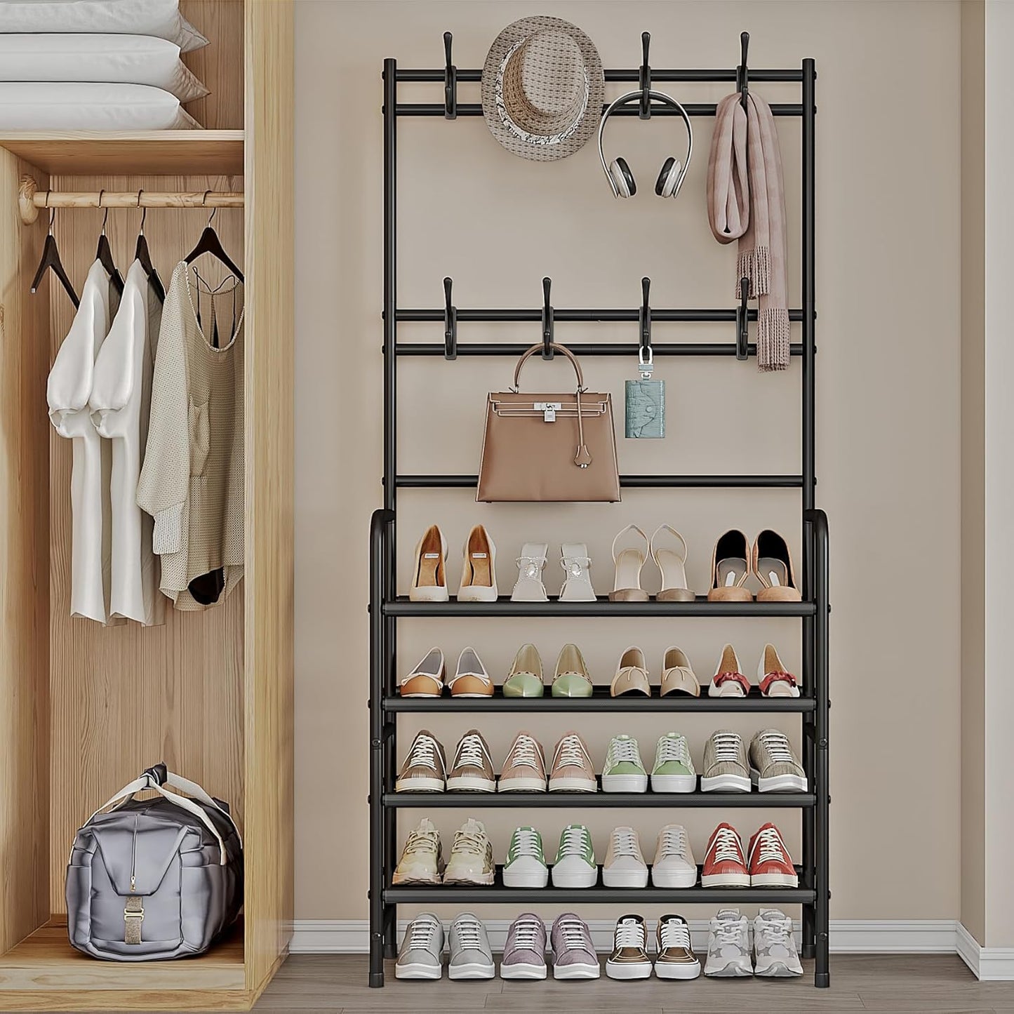 5-Tier Coat and Shoe Rack with Storage Shelf & 8 Hooks – Freestanding Organizer for Entryway & Bedroom