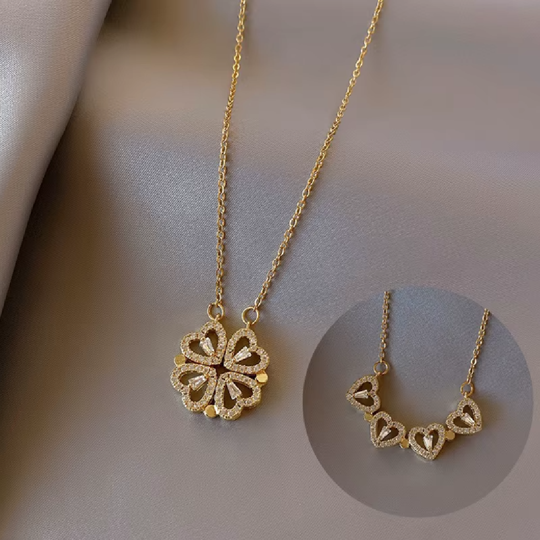 Retro Magnetic Folding Heart - Shaped Four - Leaf Clover Pendant