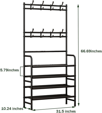 5-Tier Coat and Shoe Rack with Storage Shelf & 8 Hooks – Freestanding Organizer for Entryway & Bedroom