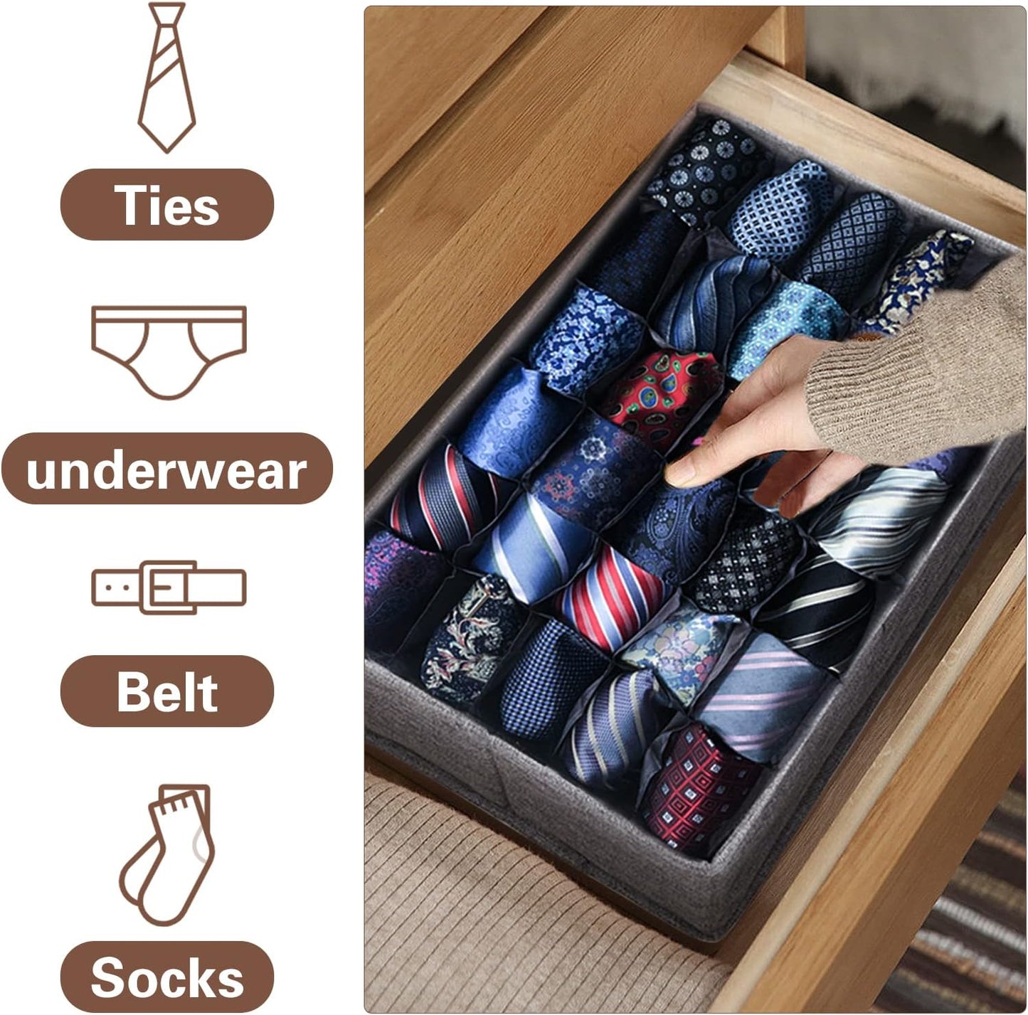 Collapsible Sock, Tie Storage & Undergarments Box with Lid – Drawer Organizer