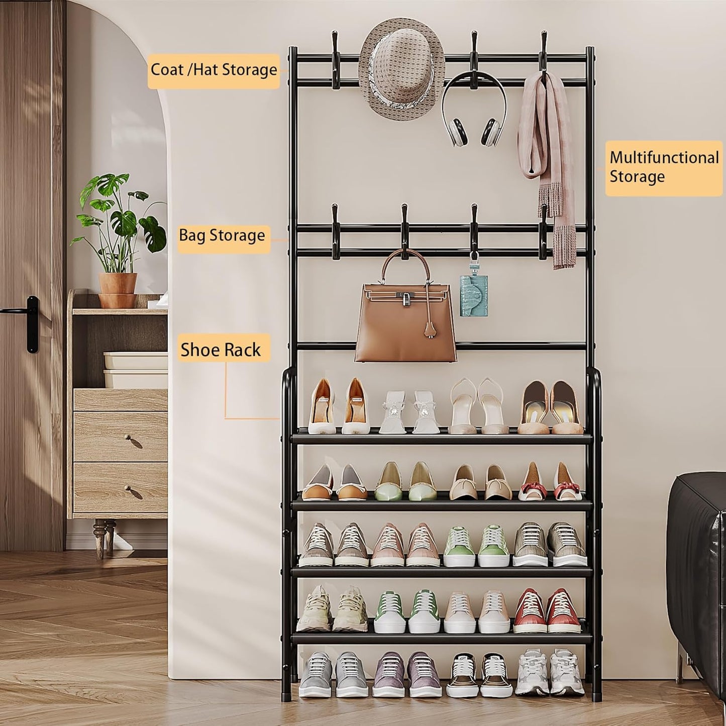 5-Tier Coat and Shoe Rack with Storage Shelf & 8 Hooks – Freestanding Organizer for Entryway & Bedroom