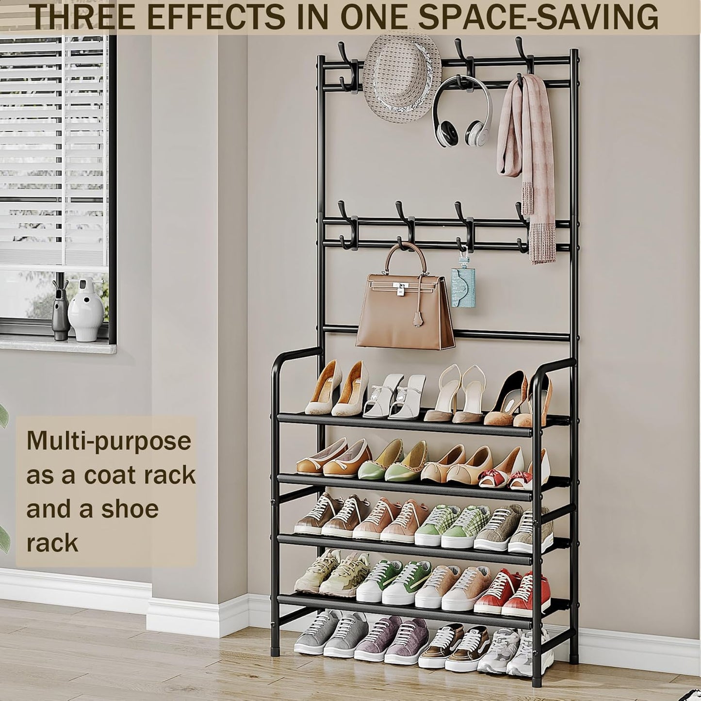 5-Tier Coat and Shoe Rack with Storage Shelf & 8 Hooks – Freestanding Organizer for Entryway & Bedroom