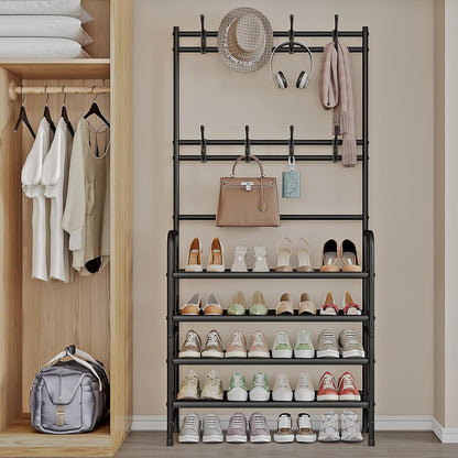 5-Tier Coat and Shoe Rack with Storage Shelf & 8 Hooks – Freestanding Organizer for Entryway & Bedroom