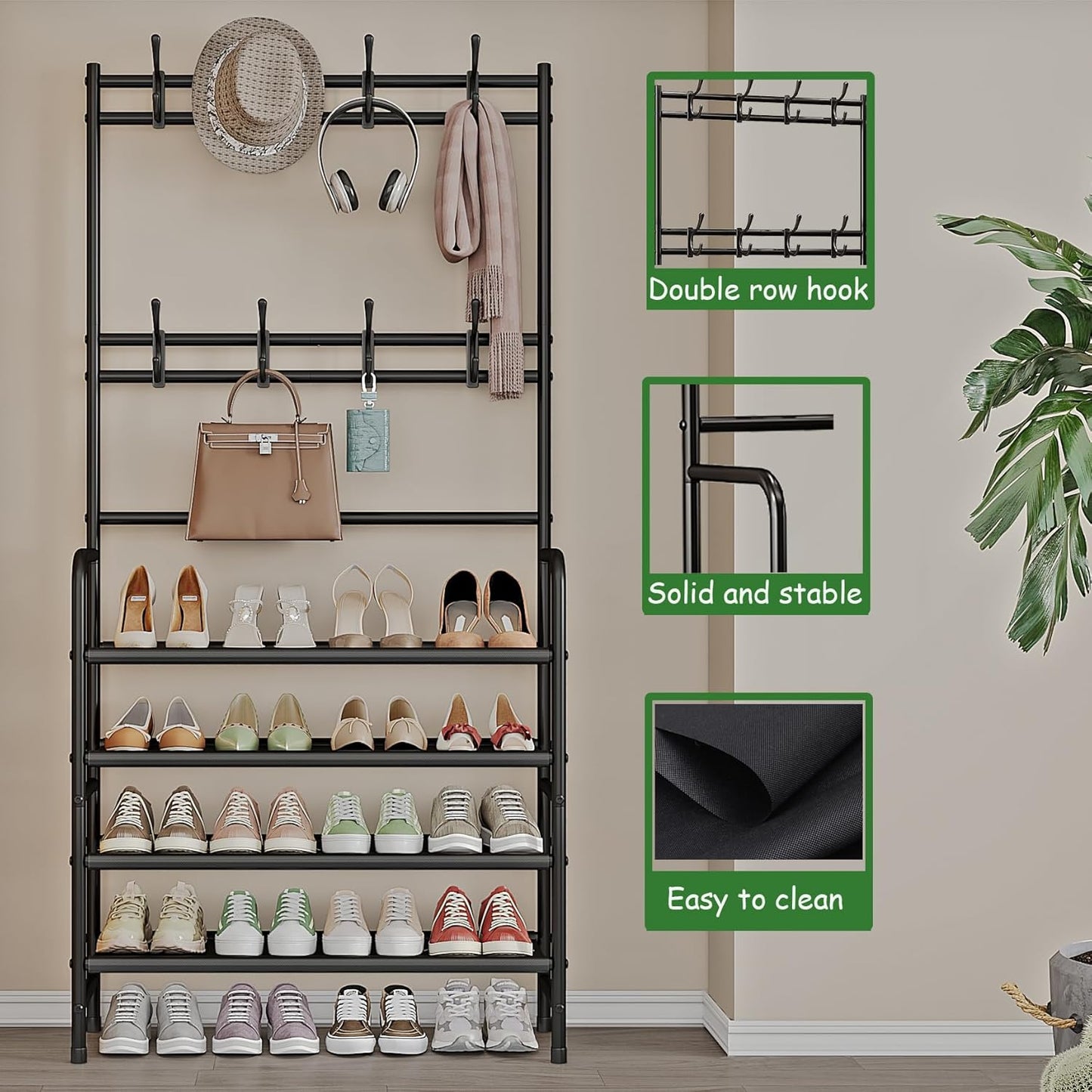 5-Tier Coat and Shoe Rack with Storage Shelf & 8 Hooks – Freestanding Organizer for Entryway & Bedroom
