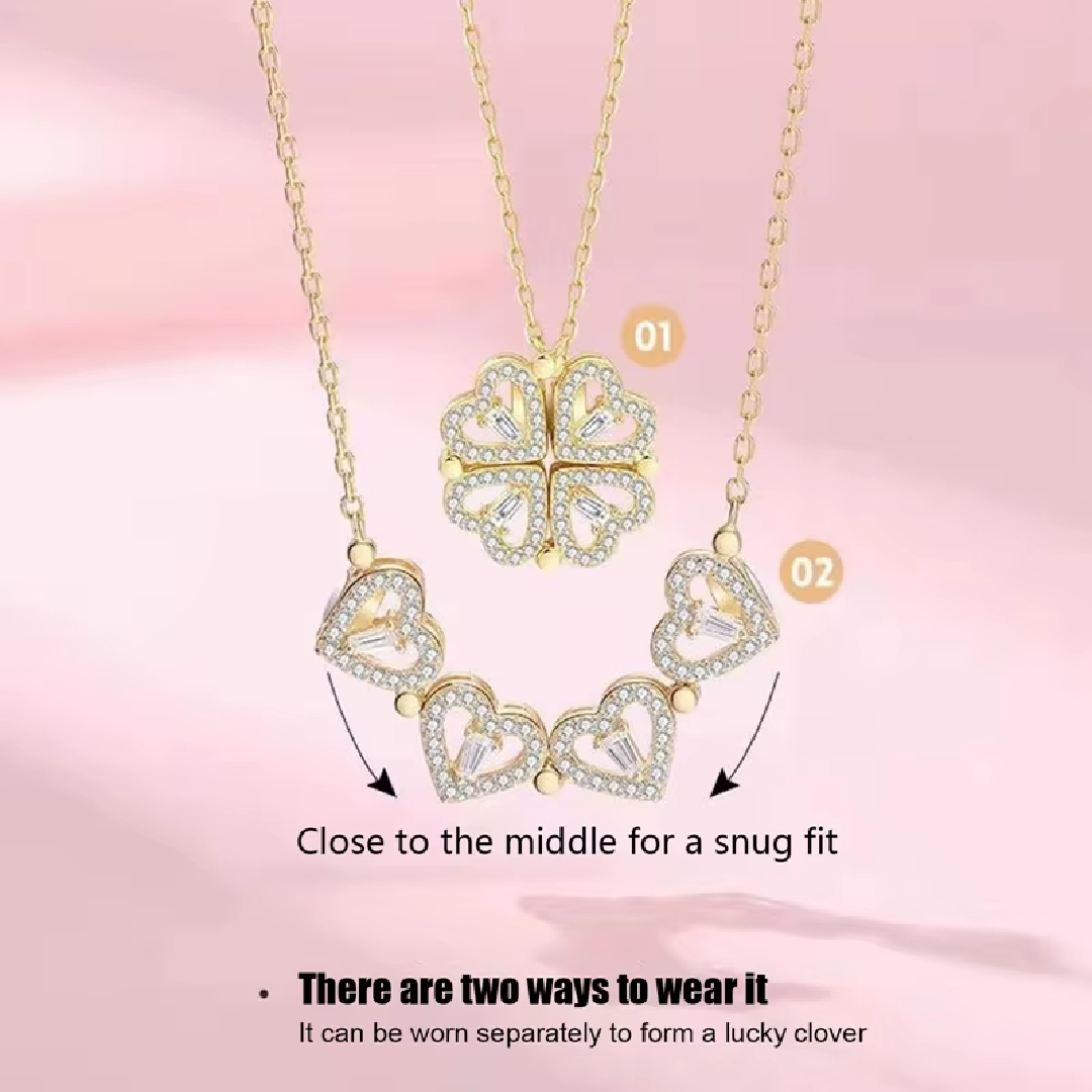 Retro Magnetic Folding Heart - Shaped Four - Leaf Clover Pendant